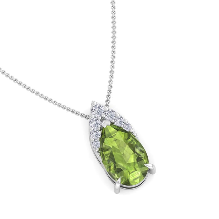 7/8 Carat Pear Shape Peridot and Diamond Necklace In 14 Karat White Gold, 18 Inches