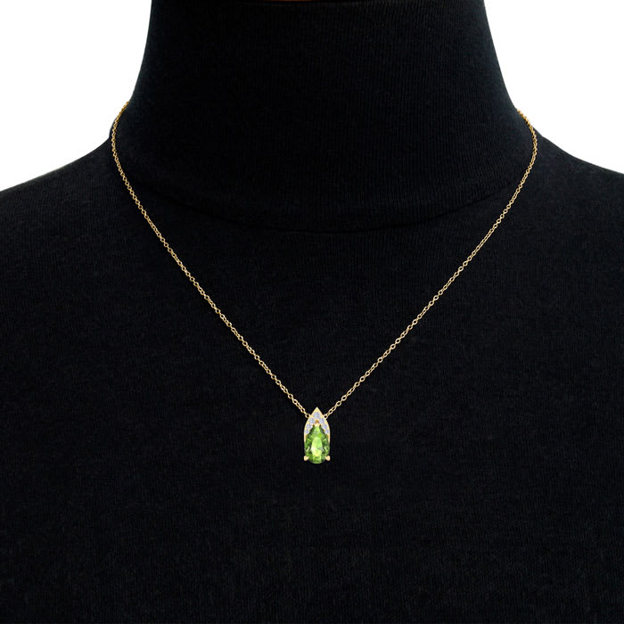 7/8 Carat Pear Shape Peridot and Diamond Necklace In 14 Karat Yellow Gold, 18 Inches