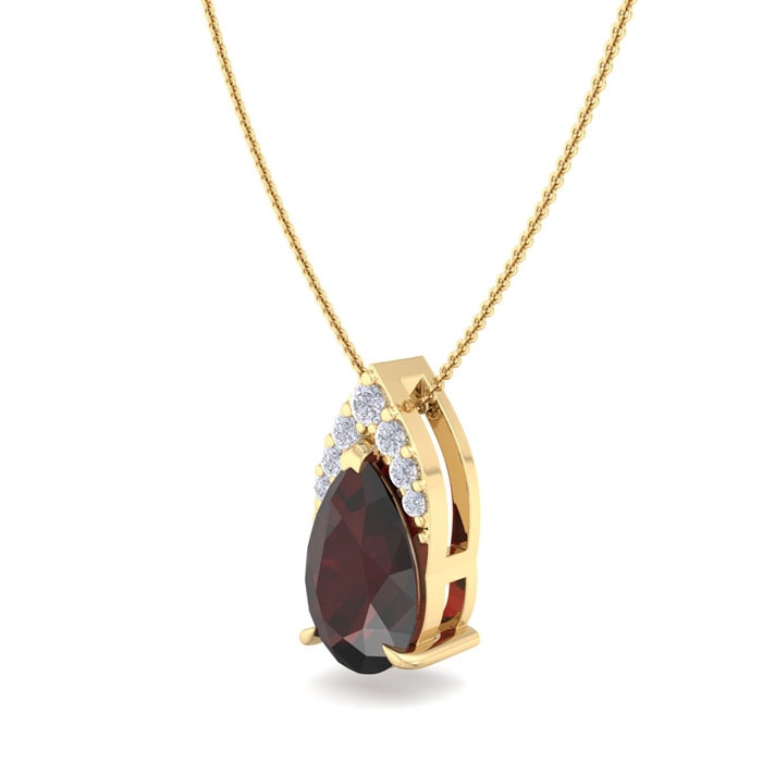 Garnet Necklace: Garnet Jewelry: 7/8 Carat Pear Shape Garnet and Diamond Necklace In 14 Karat Yellow Gold, 18 Inches