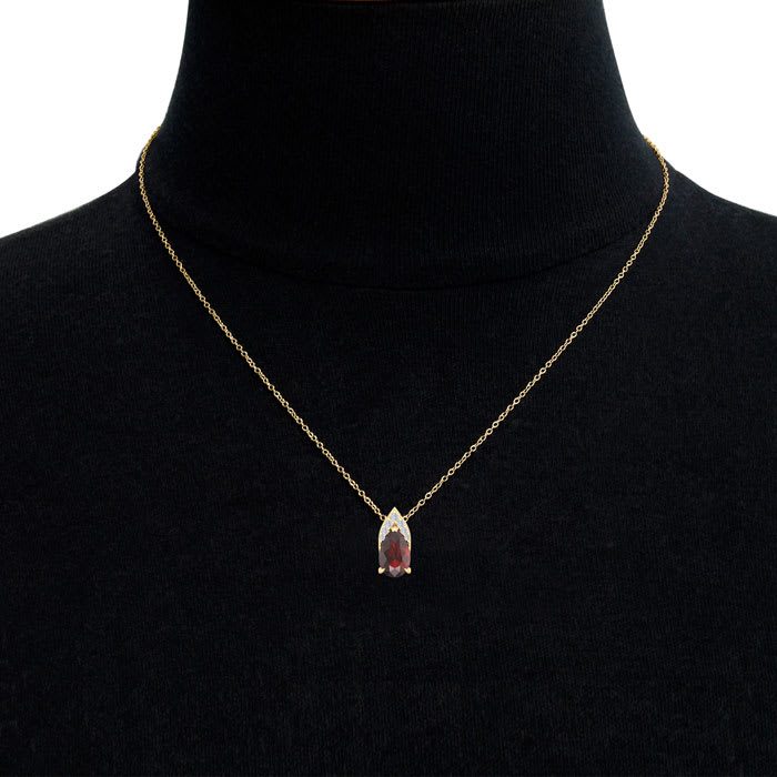 Garnet Necklace: Garnet Jewelry: 7/8 Carat Pear Shape Garnet and Diamond Necklace In 14 Karat Yellow Gold, 18 Inches