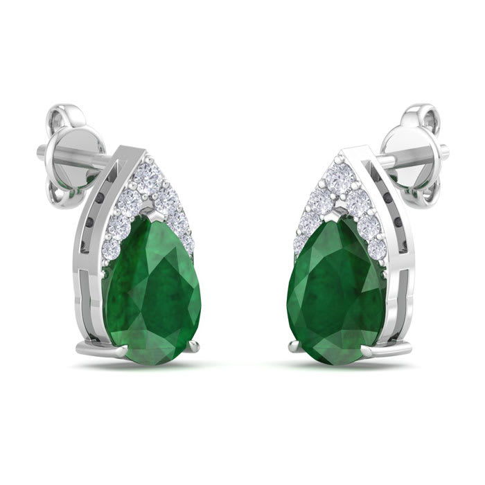 1 3/4 Carat Pear Shape Emerald and Diamond Earrings In 14 Karat White Gold