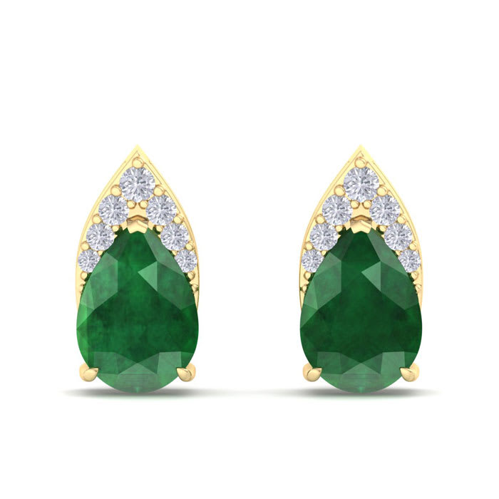 1 3/4 Carat Pear Shape Emerald and Diamond Earrings In 14 Karat Yellow Gold