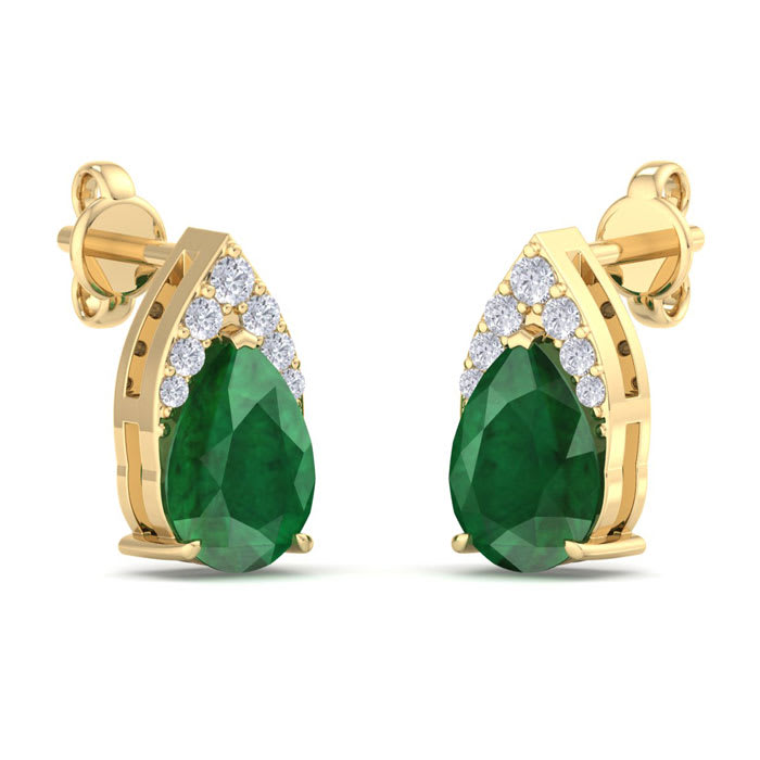1 3/4 Carat Pear Shape Emerald and Diamond Earrings In 14 Karat Yellow Gold