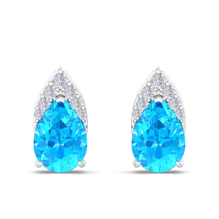 1 3/4 Carat Pear Shape Blue Topaz and Diamond Earrings In 14 Karat White Gold