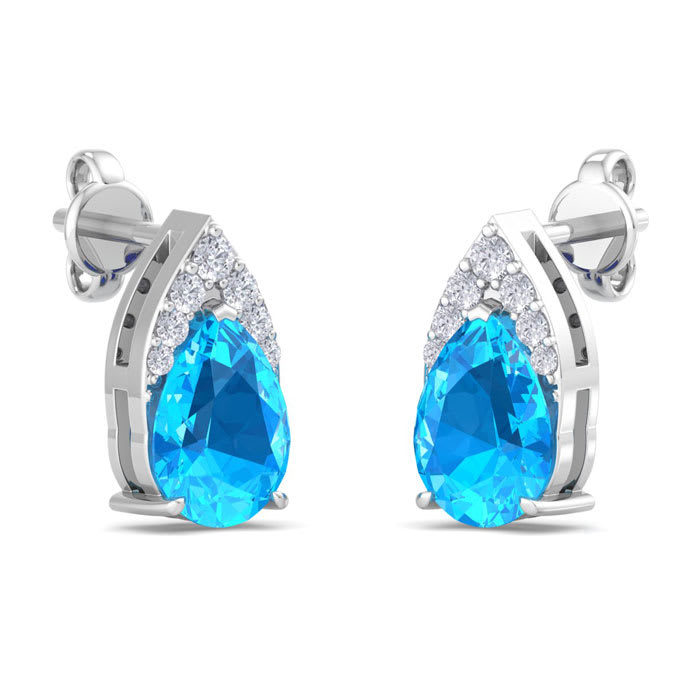 1 3/4 Carat Pear Shape Blue Topaz and Diamond Earrings In 14 Karat White Gold
