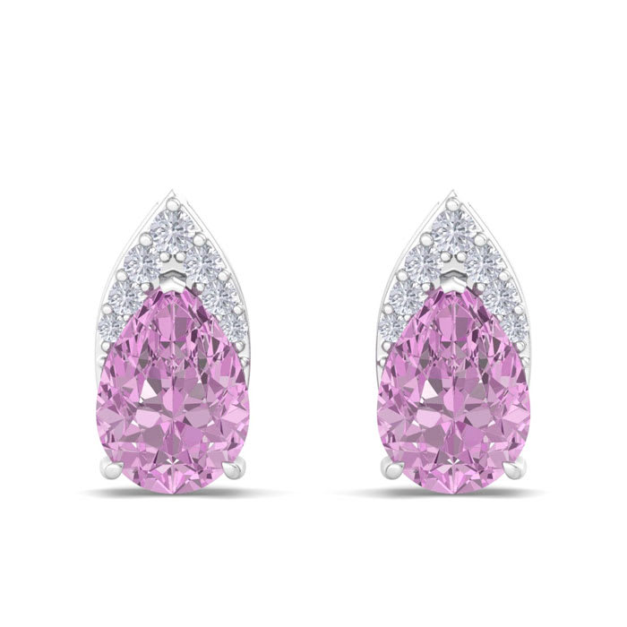 1 3/4 Carat Pear Shape Pink Topaz and Diamond Earrings In 14 Karat White Gold
