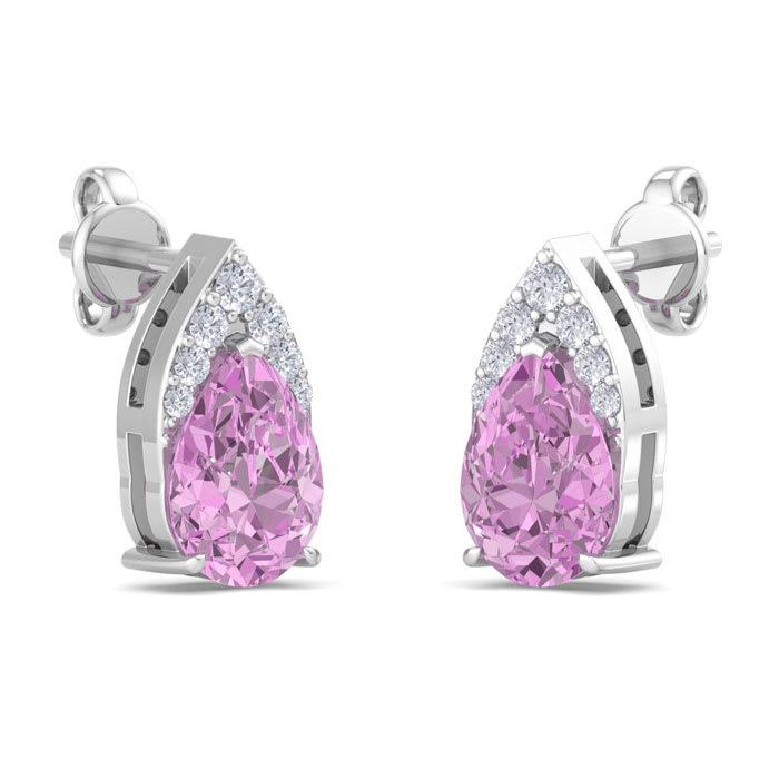 1 3/4 Carat Pear Shape Pink Topaz and Diamond Earrings In 14 Karat White Gold