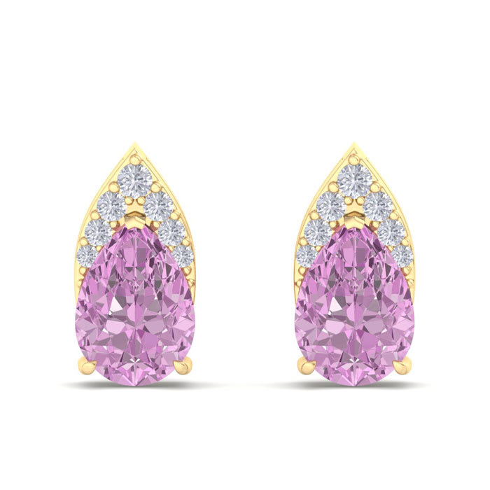 1 3/4 Carat Pear Shape Pink Topaz and Diamond Earrings In 14 Karat Yellow Gold