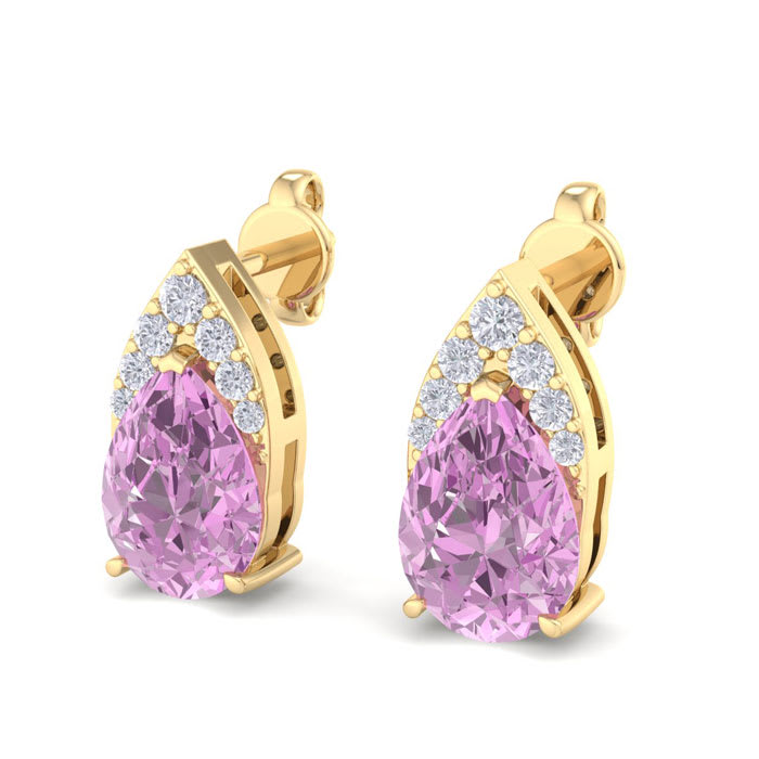 1 3/4 Carat Pear Shape Pink Topaz and Diamond Earrings In 14 Karat Yellow Gold