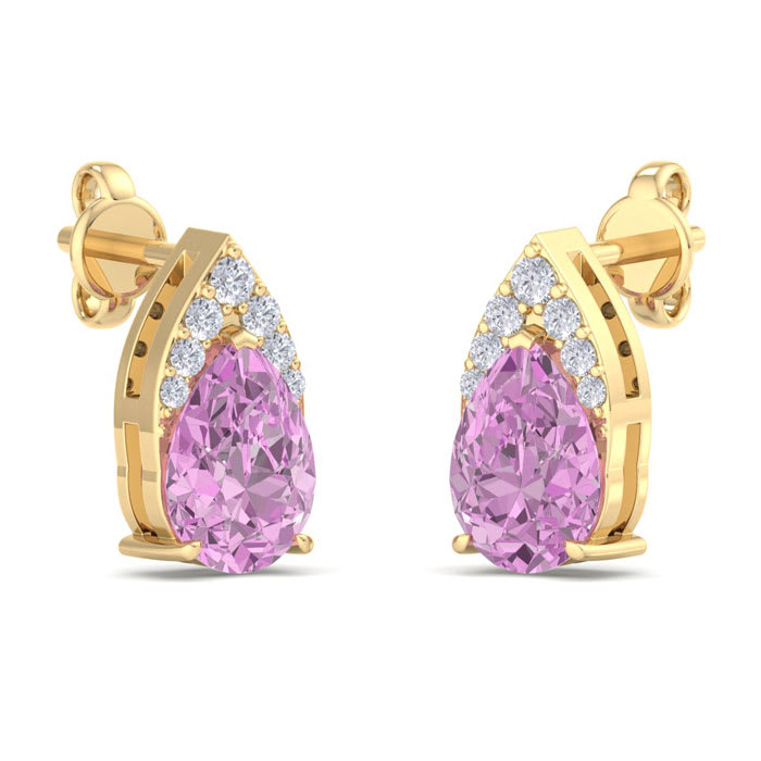 1 3/4 Carat Pear Shape Pink Topaz and Diamond Earrings In 14 Karat Yellow Gold