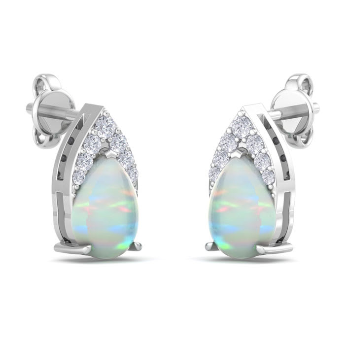 1-3/4 Carat Pear Shape Opal and Diamond Earrings  In 14 Karat White Gold