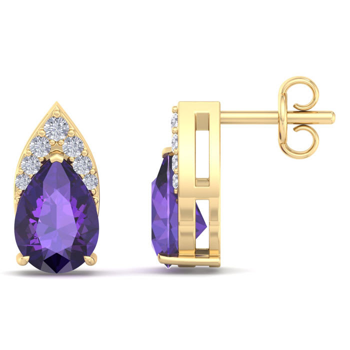 1 3/4 Carat Pear Shape Amethyst and Diamond Earrings In 14 Karat Yellow Gold