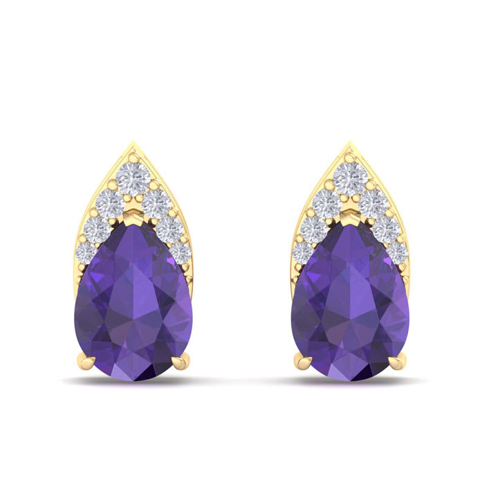 1 3/4 Carat Pear Shape Amethyst and Diamond Earrings In 14 Karat Yellow Gold