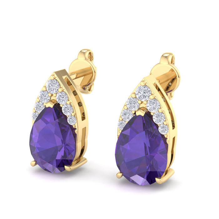 1 3/4 Carat Pear Shape Amethyst and Diamond Earrings In 14 Karat Yellow Gold