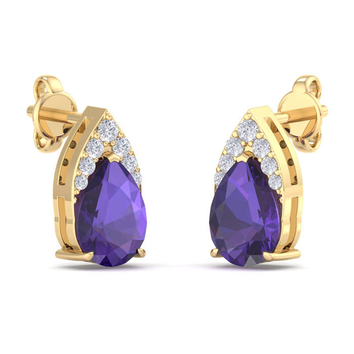 1 3/4 Carat Pear Shape Amethyst and Diamond Earrings In 14 Karat Yellow Gold