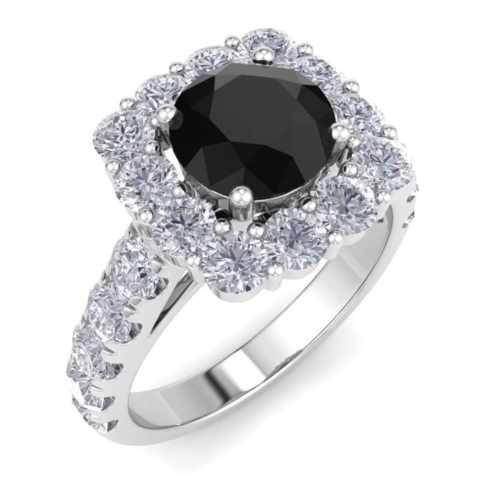 2 1/2 Carat Black Diamond Halo Engagement Ring In 14K White Gold