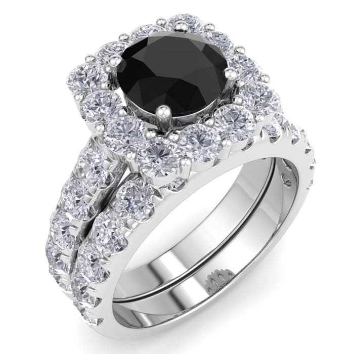 3 1/2 Carat Black Diamond Halo Bridal Set In 14K White Gold