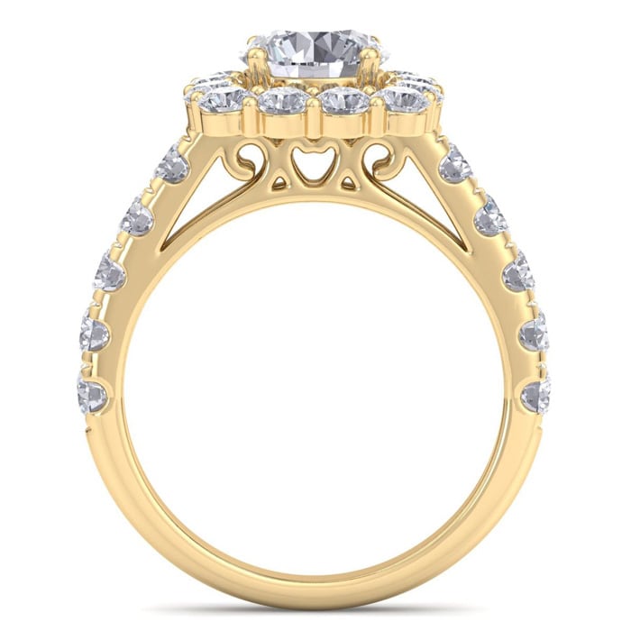 Moissanite Engagement Ring; 2 1/2 Carat Halo Moissanite Engagement Ring In 14K Yellow Gold