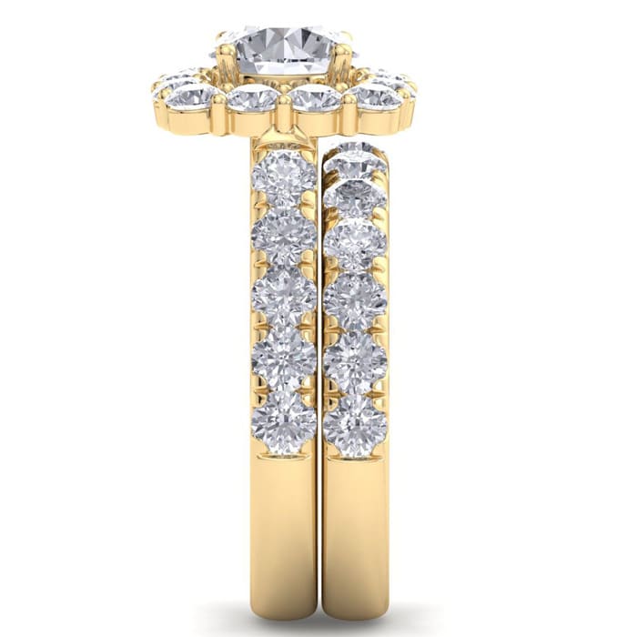 Moissanite Engagement Ring; 3 1/2 Carat Halo Moissanite Bridal Set In 14K Yellow Gold