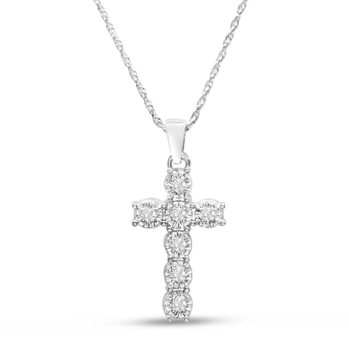 1/10 Carat Diamond Cross Necklace In Sterling Silver, 17 Inches