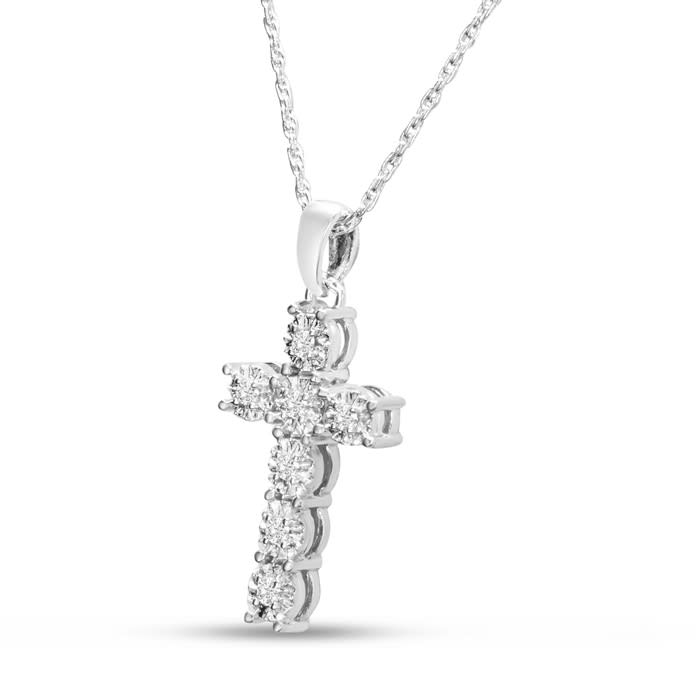 1/10 Carat Diamond Cross Necklace In Sterling Silver, 17 Inches