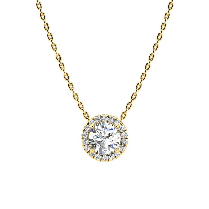 1 1/5ct Halo Lab Grown Diamond Necklace In 14K Yellow Gold, 18 Inches.  Amazing Clarity. Totally Eye Clean VS2 Clarity.  First Time Offer!  Lowest Price Anywhere