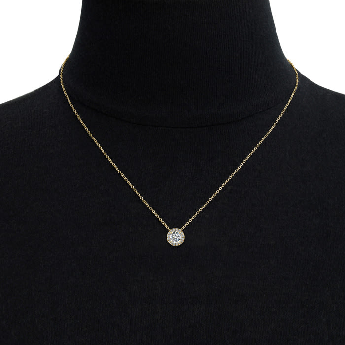 1 1/5ct Halo Lab Grown Diamond Necklace In 14K Yellow Gold, 18 Inches.  Amazing Clarity. Totally Eye Clean VS2 Clarity.  First Time Offer!  Lowest Price Anywhere