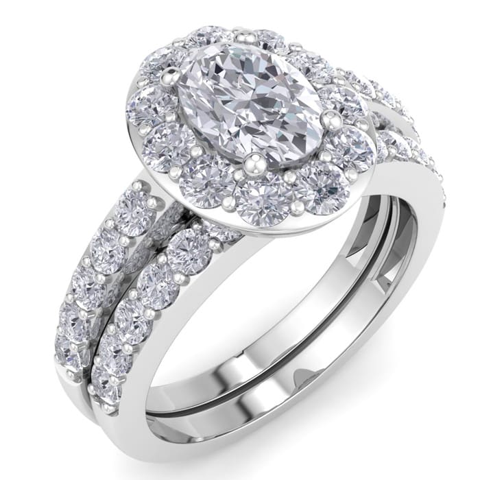 2 1/4 Carat Oval Shape Halo Diamond Bridal Set In 14K White Gold