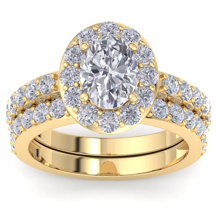 3 1/4 Carat Oval Shape Halo Moissanite Bridal Set In 14K Yellow Gold