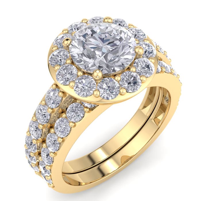 3 1/4 Carat Round Shape Halo Diamond Bridal Set In 14K Yellow Gold