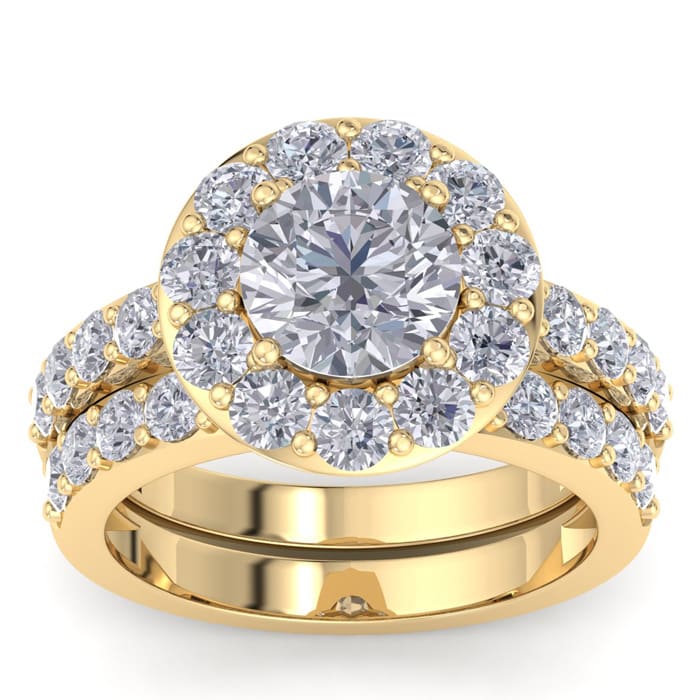 4 1/4 Carat Round Shape Halo Diamond Bridal Set In 14K Yellow Gold