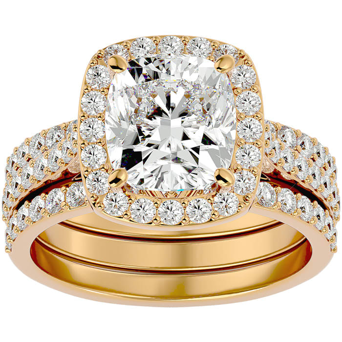 4 1/2 Carat Cushion Cut Halo Lab Grown Diamond Bridal Set In 14 Karat Yellow Gold
