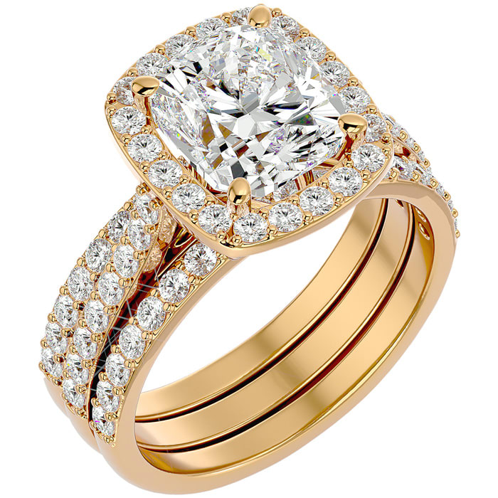 4 1/2 Carat Cushion Cut Halo Lab Grown Diamond Bridal Set In 14 Karat Yellow Gold