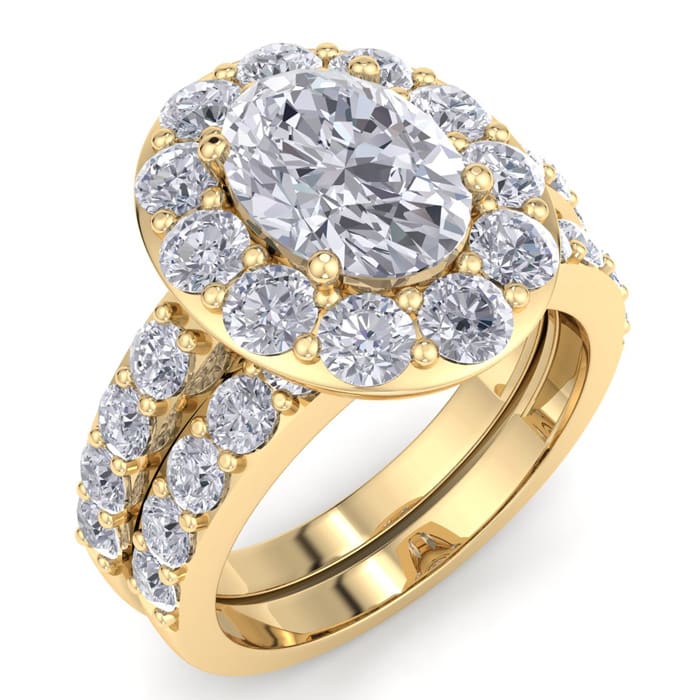 4 1/4 Carat Oval Shape Halo Lab Grown Diamond Bridal Set In 14K Yellow Gold