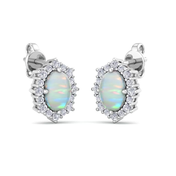 2 Carat Oval Shape Opal and Diamond Earrings In 14K White Gold