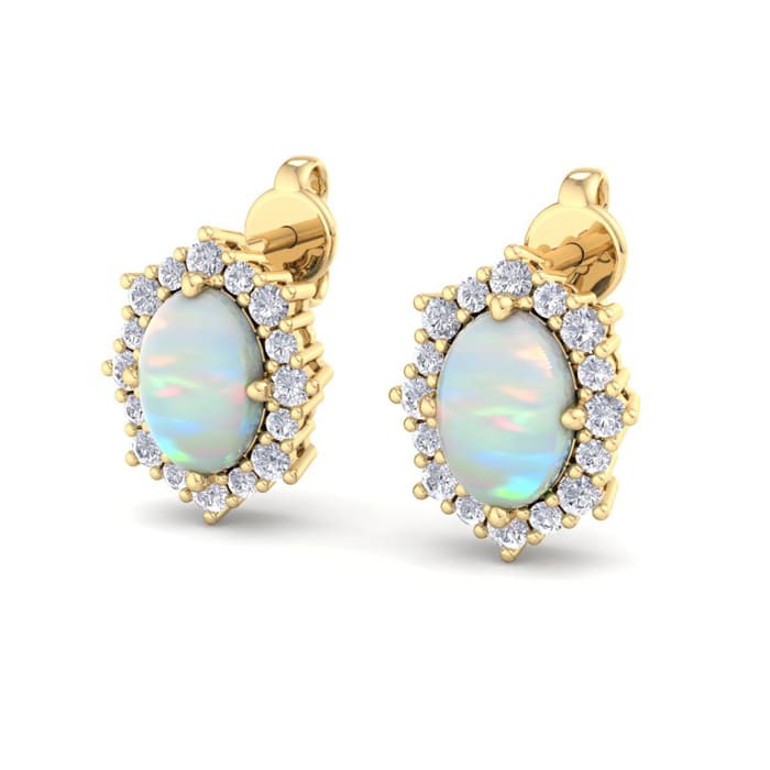 2 Carat Oval Shape Opal and Diamond Earrings In 14K Yellow Gold
