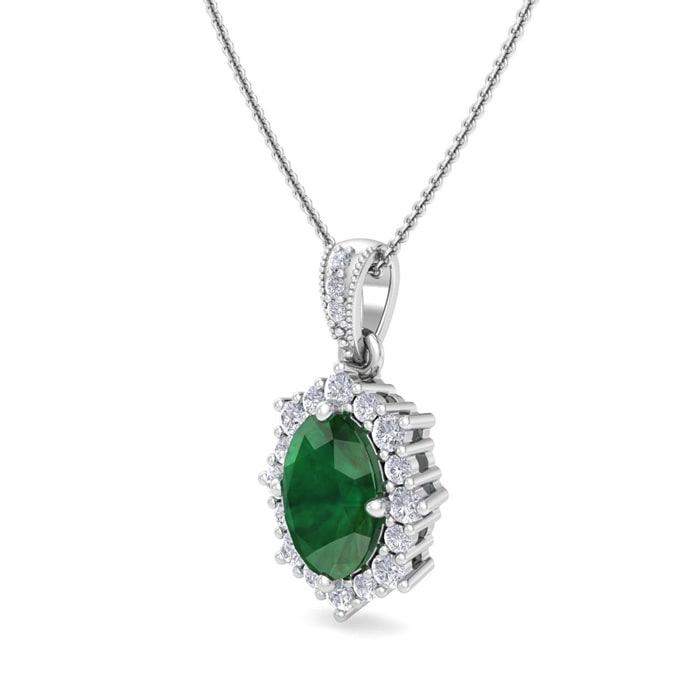 1-1/3 Carat Oval Shape Emerald Necklaces With Diamond Halo In 14 Karat White Gold, 18 Inch Chain