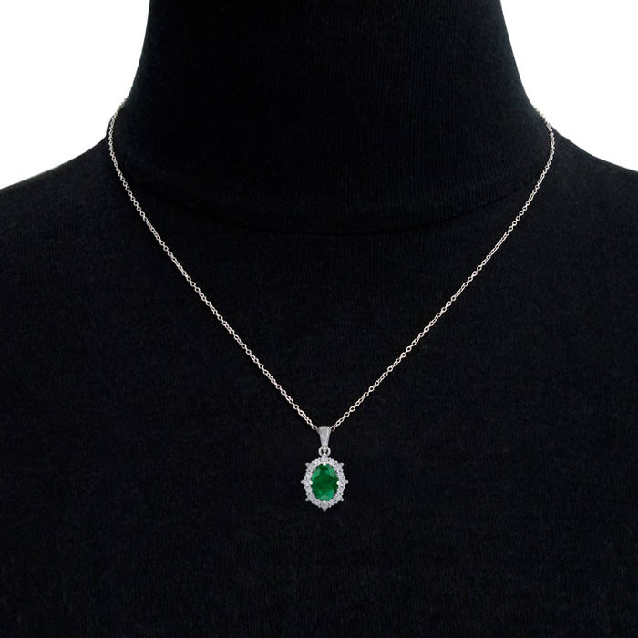 1-1/3 Carat Oval Shape Emerald Necklaces With Diamond Halo In 14 Karat White Gold, 18 Inch Chain