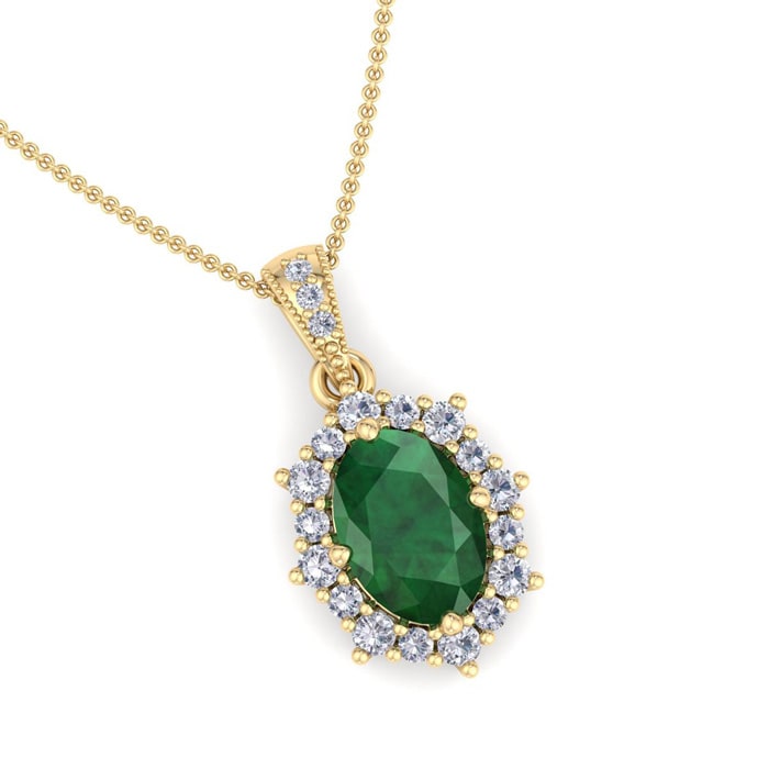 1-1/3 Carat Oval Shape Emerald Necklaces With Diamond Halo In 14 Karat Yellow Gold, 18 Inch Chain