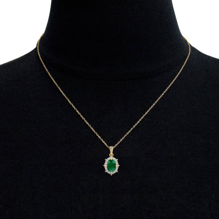 1-1/3 Carat Oval Shape Emerald Necklaces With Diamond Halo In 14 Karat Yellow Gold, 18 Inch Chain