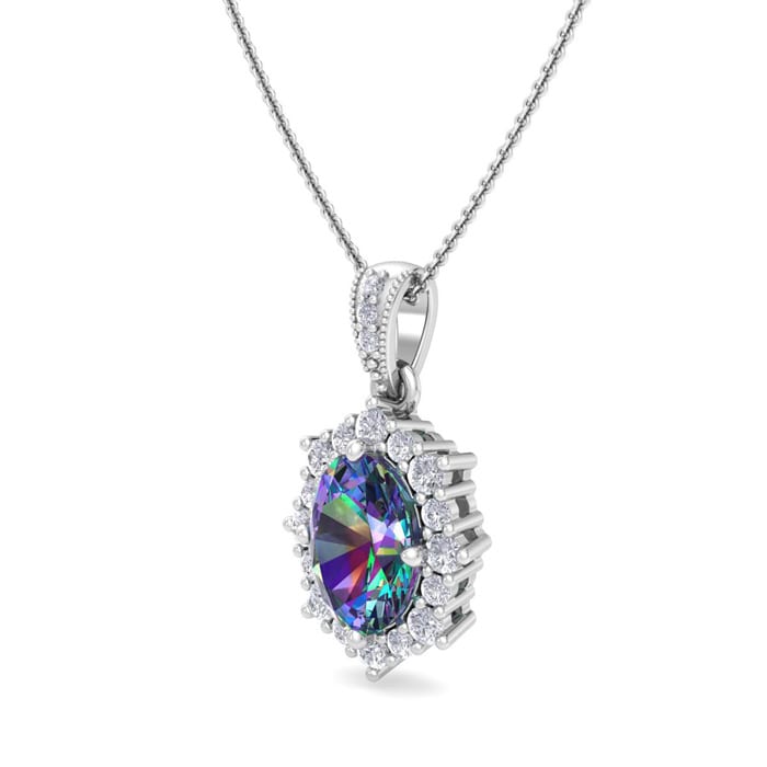1-3/4 Carat Oval Shape Mystic Topaz Necklace With Diamond Halo In 14 Karat White Gold, 18 Inches