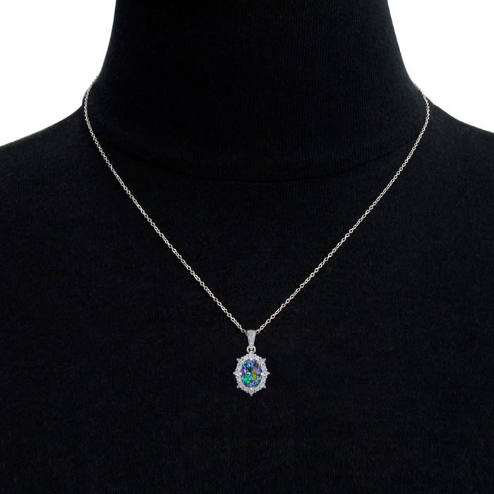1-3/4 Carat Oval Shape Mystic Topaz Necklace With Diamond Halo In 14 Karat White Gold, 18 Inches