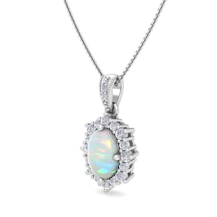 1-1/3 Carat Oval Shape Opal and Diamond Necklace In 14K White Gold