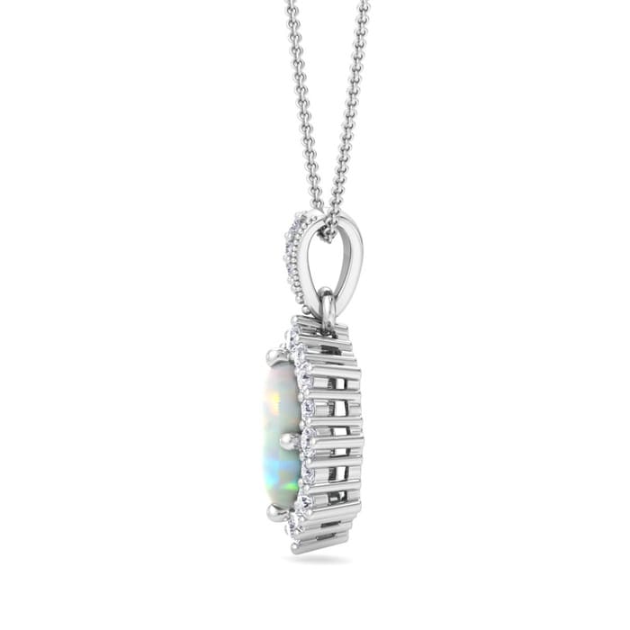 1-1/3 Carat Oval Shape Opal and Diamond Necklace In 14K White Gold