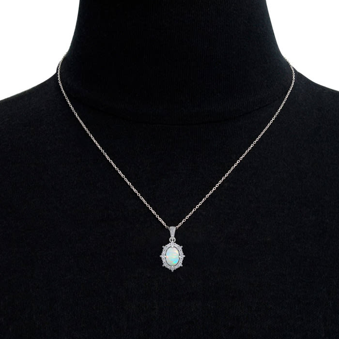 1-1/3 Carat Oval Shape Opal and Diamond Necklace In 14K White Gold