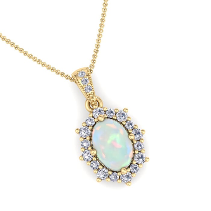 1-1/3 Carat Oval Shape Opal and Diamond Necklace In 14K Yellow Gold