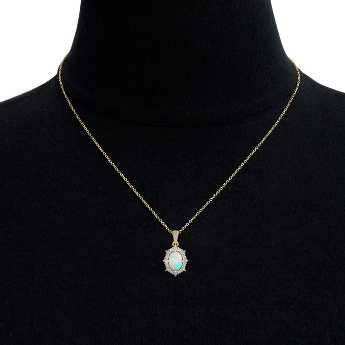 1-1/3 Carat Oval Shape Opal and Diamond Necklace In 14K Yellow Gold