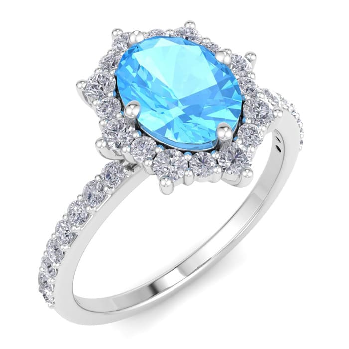 2 Carat Oval Shape Blue Topaz 32 Diamond Ring in 14K White Gold 3.2 g Size 6.5 by SuperJeweler