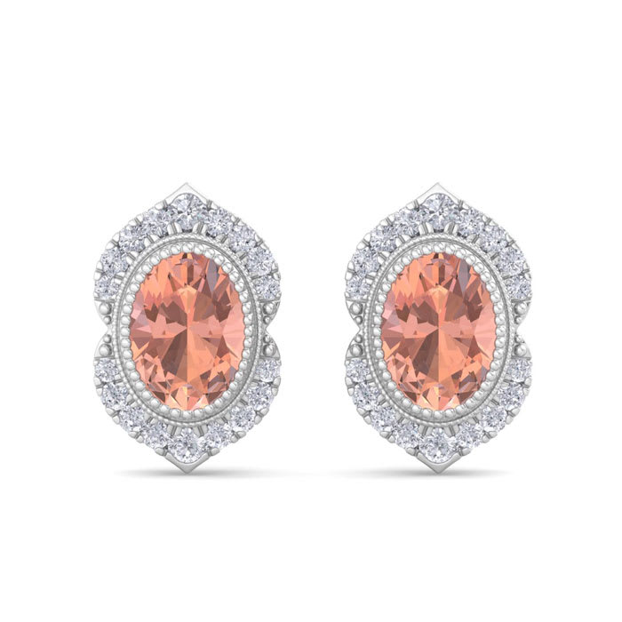 2 Carat Oval Shape Morganite Earrings with Fancy Diamond Halo In 14K White Gold