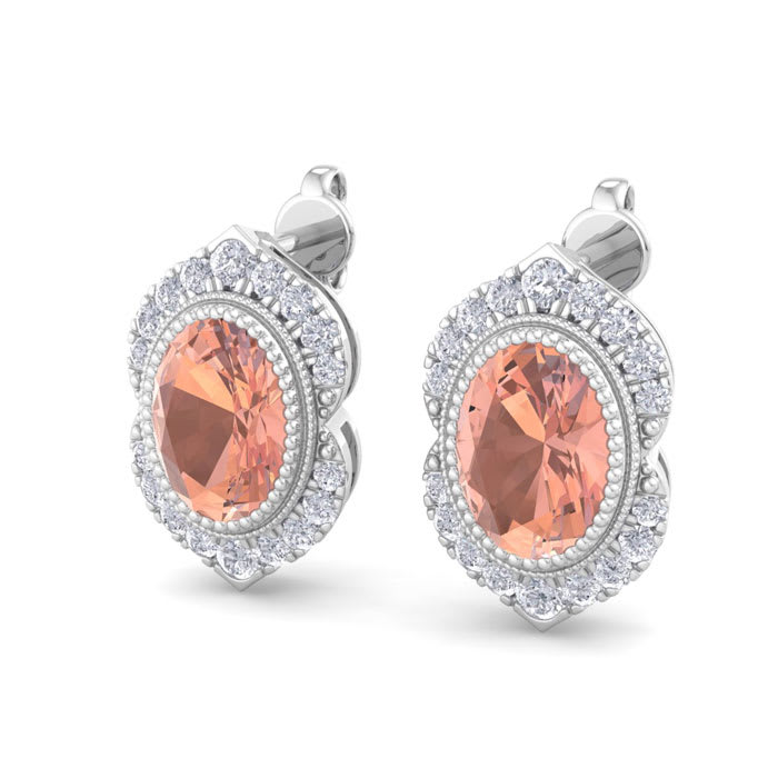 2 Carat Oval Shape Morganite Earrings with Fancy Diamond Halo In 14K White Gold